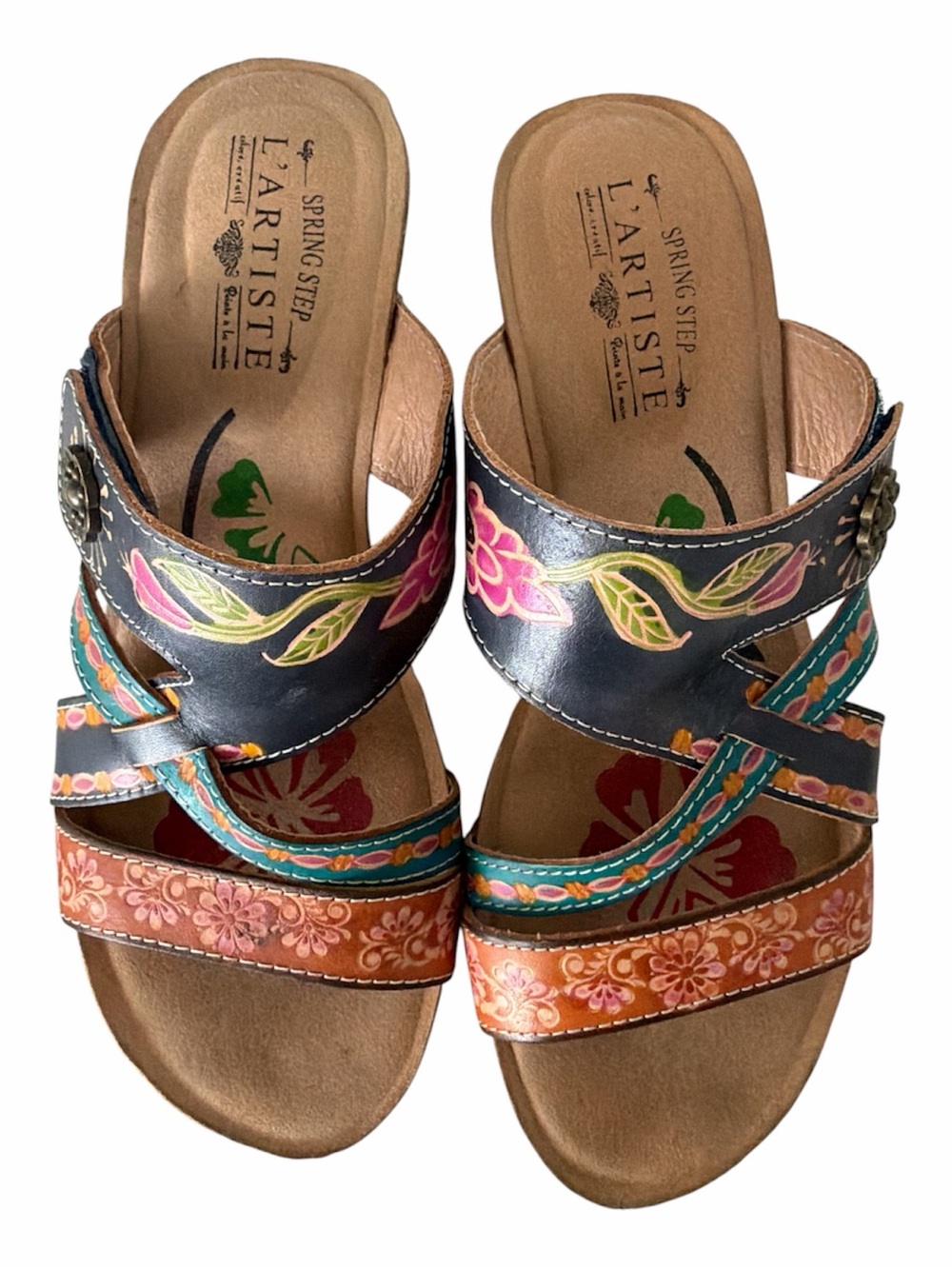 L'Artiste Spring Step Swan Leather Wedge Sandals Floral Hand Painted Boho Sz 40